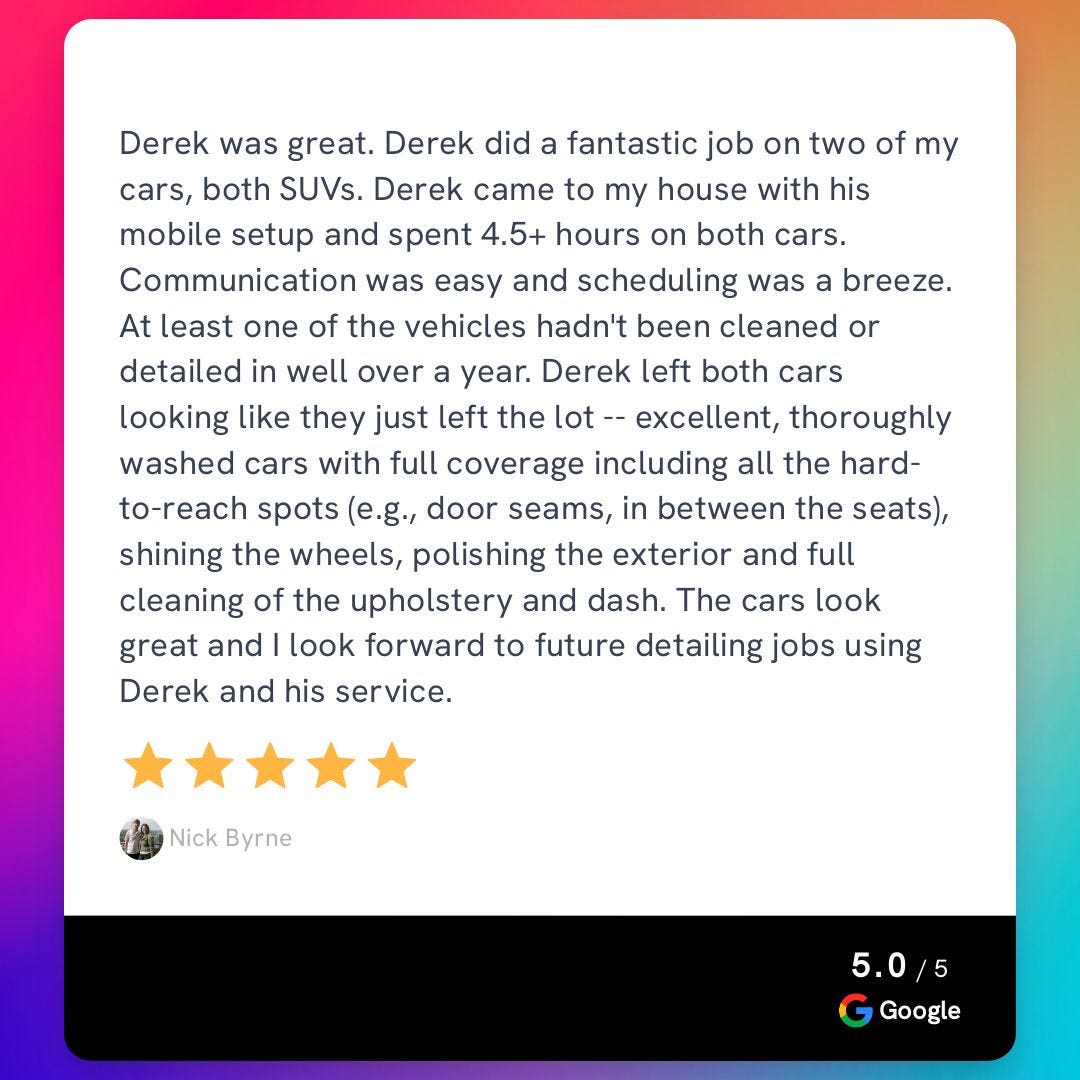 Derek did a fantastic job on two of my cars! — Review Carolina Mobile