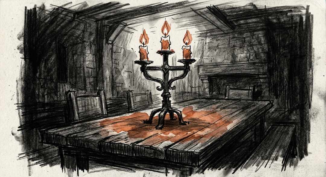 “A stark refectory table, lost to the shadows. Only the steward’s eyes remain lit by the bleeding terracotta glow of three dying candles.” Art Sketch by Misselbereth