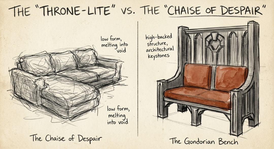 “Where Furniture Meets Architecture. This side-by-side study explores how form dictates mood. The “Chaise of Despair” is captured through loose, messy charcoal, emphasizing its lack of structure and “melting” silhouette. Opposite to it, the “Gondorian Bench” features disciplined pencil strokes and a rich Terracotta wash, transforming a simple seat into a monumental stone-framed structure.” Art Sketch by Misselbereth