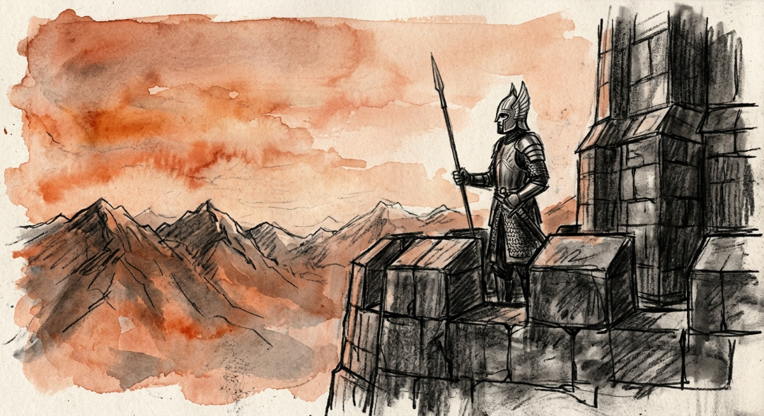 “Bound by duty, anchored in stone. A lone Gondorian guard stands vigil against the fading twilight, where aggressive charcoal lines meet a bleeding terracotta sky. A silent liturgy of focus, protecting the warmth of civilization from the cold unknown.” Art Sketch by Misselbereth