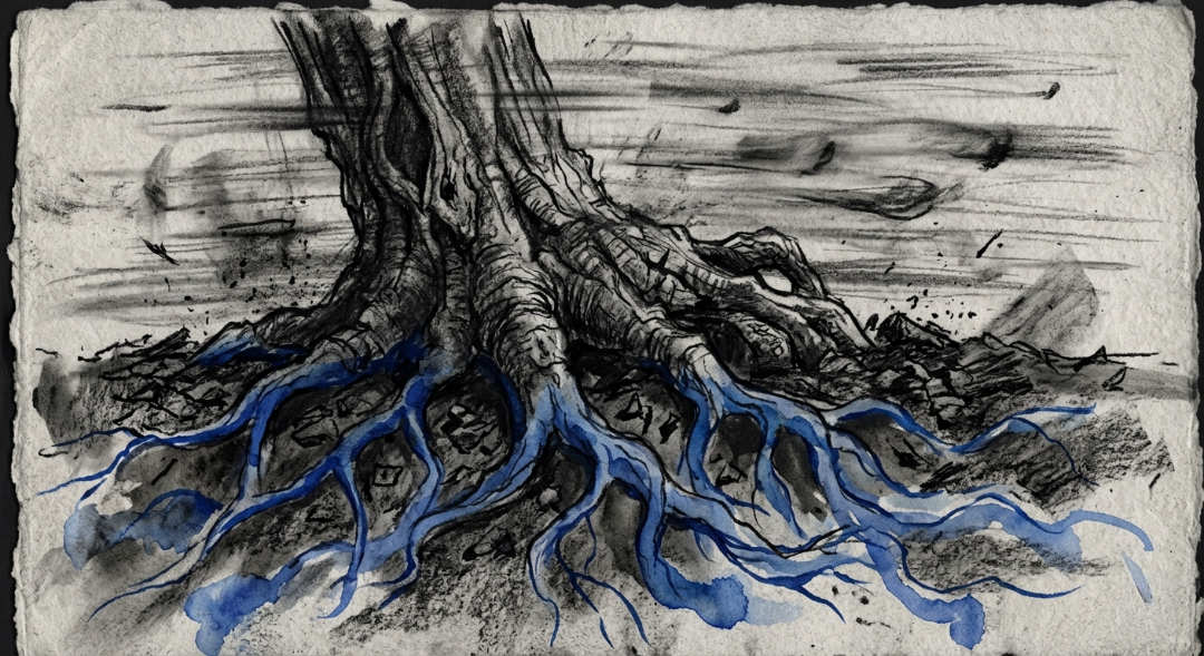 “In the heart of the frantic chaos, true stillness is found where the deepest roots anchor the soul.” Art Sketch by Misselbereth