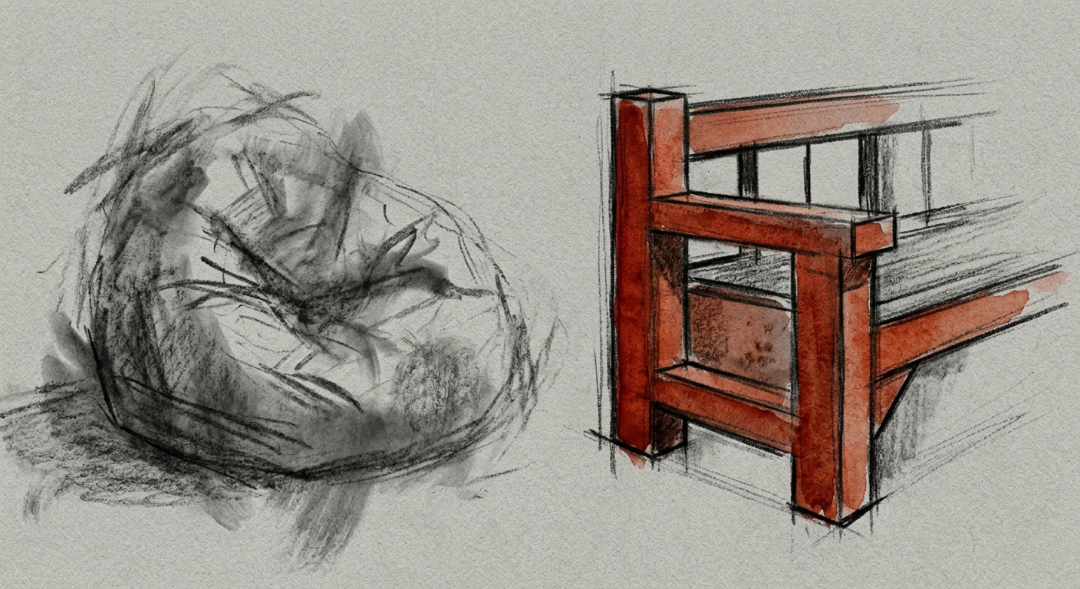 “The Anti-Clutter Still Life: A Study of Form and Chaos. On one side, the “chaise of despair” a shapeless beanbag rendered in messy, ghostly charcoal smudges. Beside it, the Gondorian bench stands in defiant architectural rigidity, grounded by a vibrant terracotta wash. It’s a visual dialogue between the structure we crave and the clutter we let linger.” Art Sketch by Misselbereth