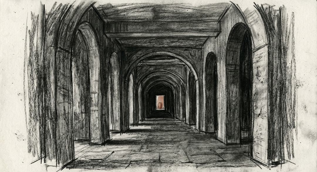“A deep, one-point perspective into the monolithic. Where variety ends, purpose begins.” Art Sketch by Misselbereth