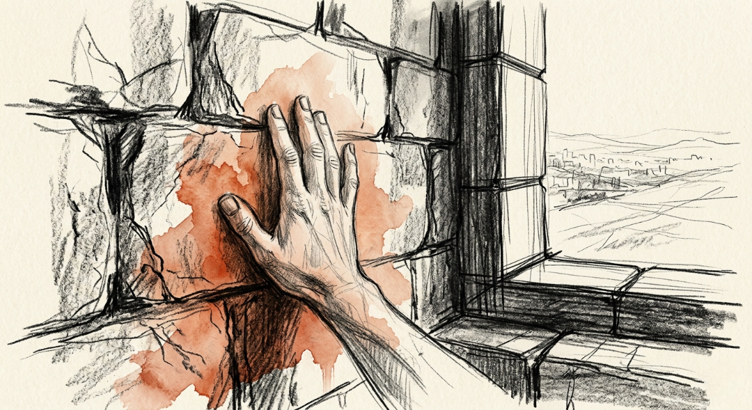 “Leaving a mark where time stands still. This sketch explores the contrast between the cold, timeless texture of stone and the fleeting warmth of human presence, bleeding out in soft terracotta watercolor. A hand resting on history, looking out into the distance.” Art Sketch by Misselbereth