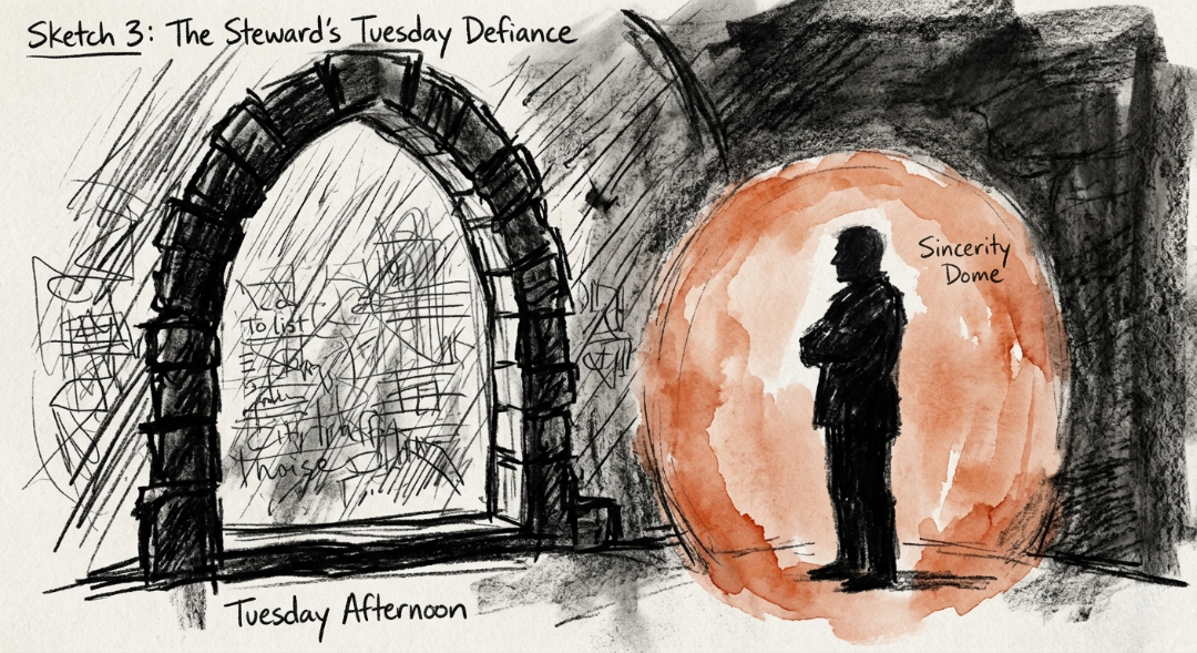 “Standing firm against the chaotic noise of modern anxiety. Outside, the frantic rush of to-do lists and city traffic beats against the glass, but inside the ‘Sincerity Dome,’ everything falls away. A rough charcoal boundary and a warm terracotta wash keeping the inner peace intact.” Art Sketch by Misselbereth
