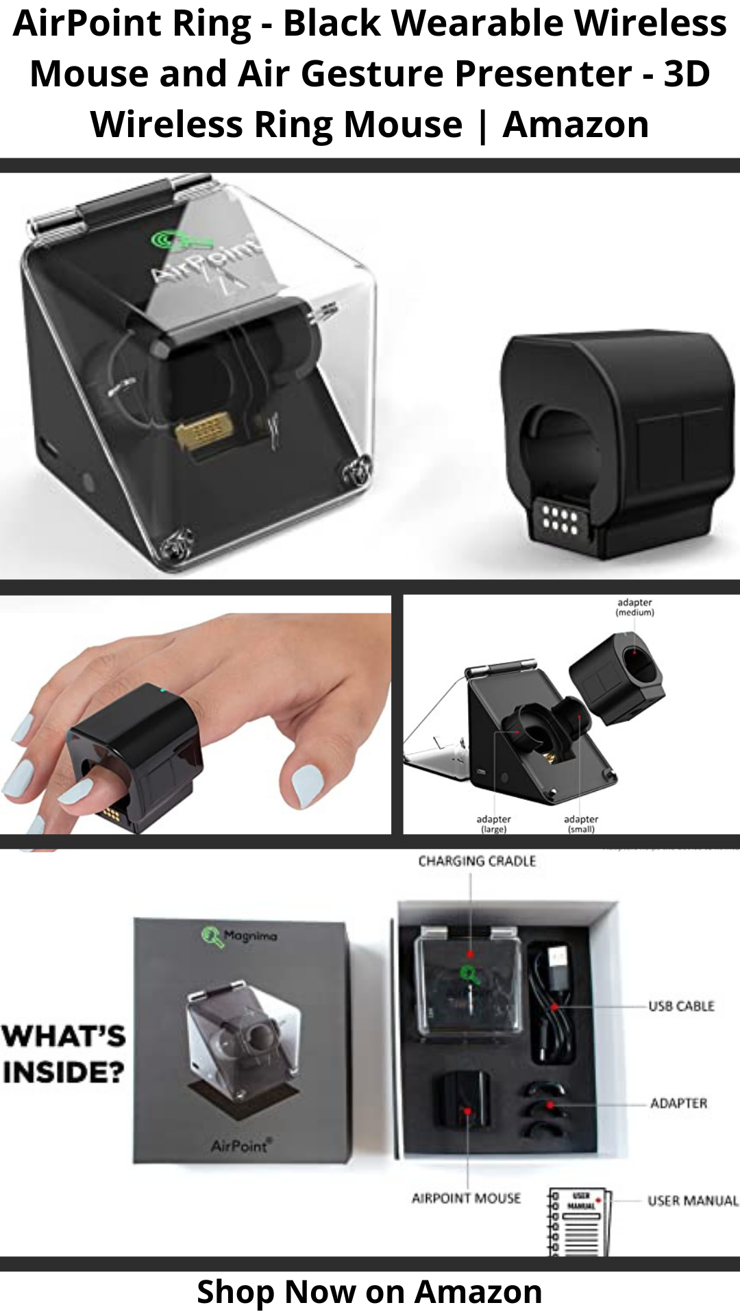 AirPoint Ring — Black Wearable Wireless Mouse and Air Gesture Presenter