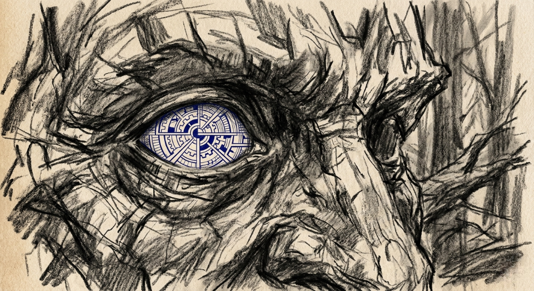 “Ancient roots met with cold, calculated precision; the forest is no longer just a home, but a resource to be measured.” Art Sketch by Misselbereth