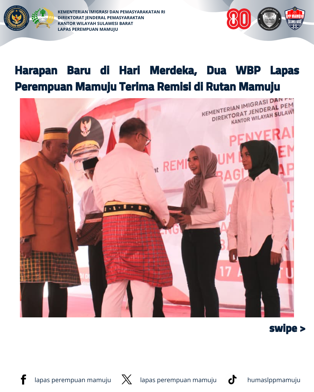Dua WBP Lapas Perempuan Mamuju Terima Remisi 17 Agustus Secara Simbolis di Rutan Mamuju
