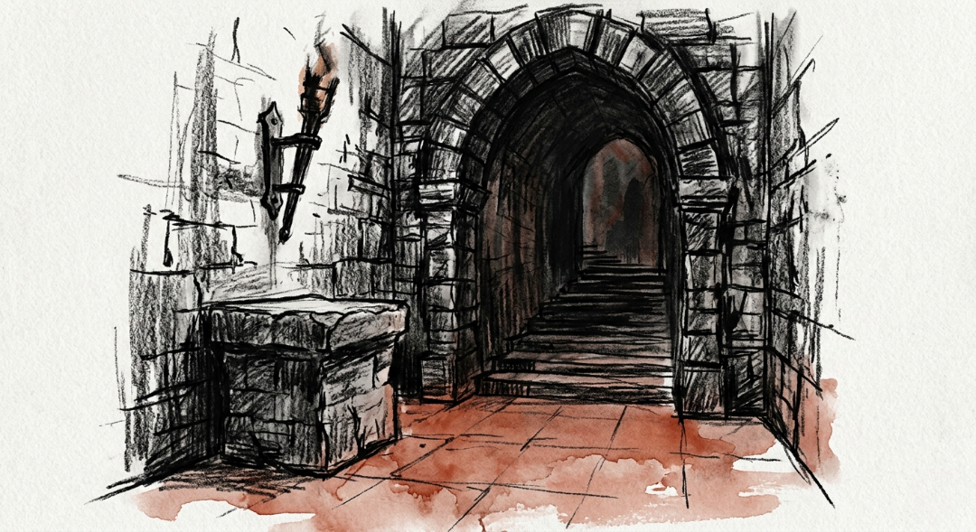 “The Seventh Level: Where domesticity ends and the siege begins. A raw charcoal study of the entryway, featuring a heavy stone plinth and a single wrought-iron sconce. The floor holds a single, bleeding wash of terracotta the only warmth in a space built for endurance.” Art Sketch by Misselbereth