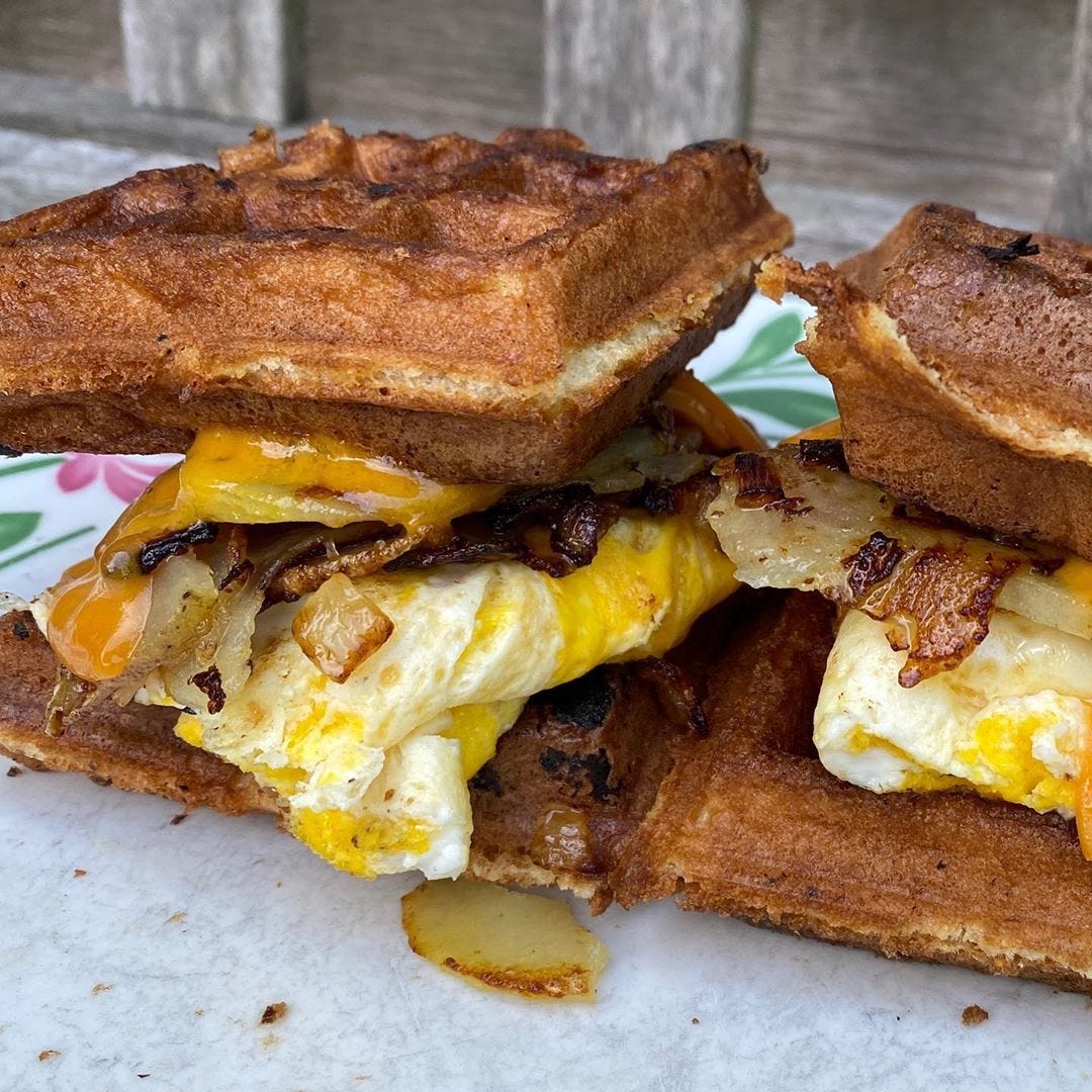 Belgian Waffle Egg Sandwich. Leftover Belgian waffle, recrisped in… by Table Scraps Medium