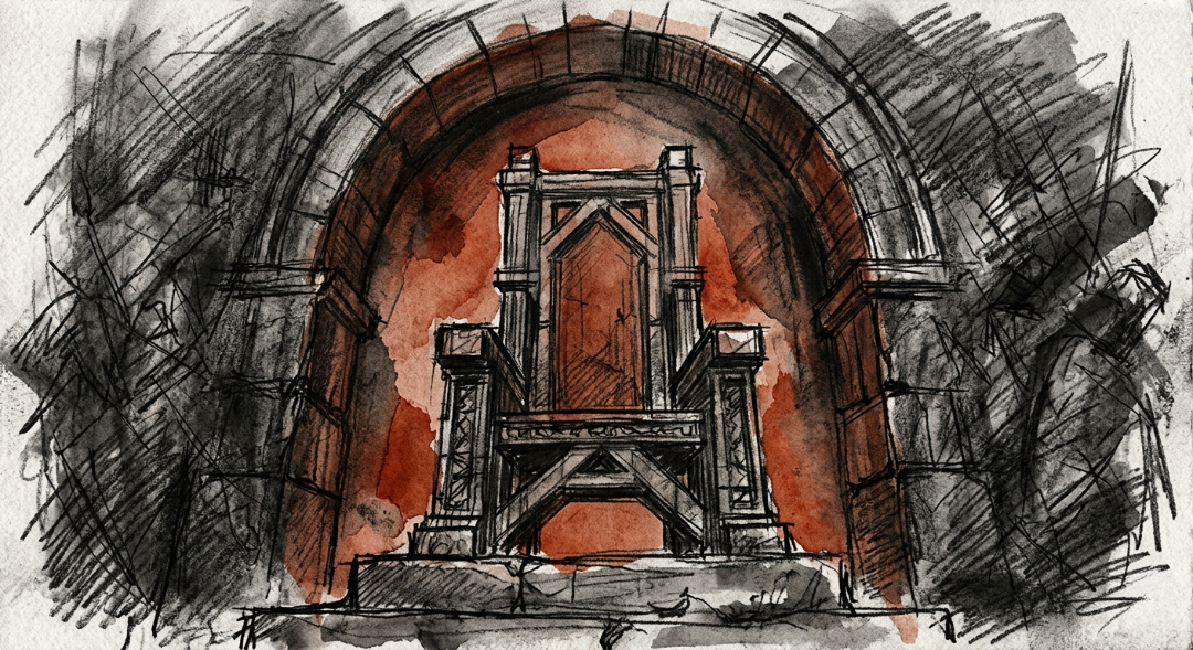 “The Sovereign’s Sentinel. Framed by a massive Romanesque arch, this stark, monumental chair stands firm against the surrounding chaos. Through heavy charcoal strokes and a rich terracotta wash, it captures the raw warmth of a protected hearth holding its ground against the darkness.” Art Sketch by Misselbereth