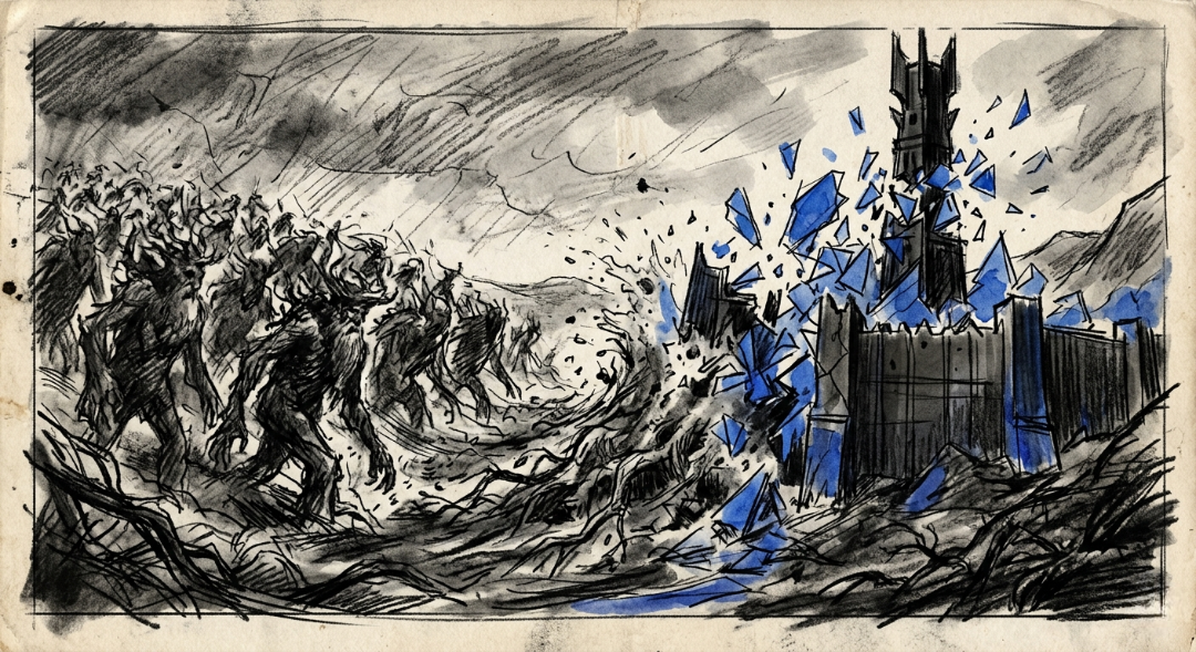 “As charcoal shadows surge forward, the fortress shatters not by water, but by the relentless power of the forest.” Art Sketch by Misselbereth