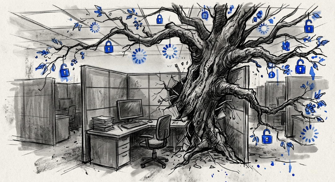 “In a landscape of grey cubicles and endless loading, the roots of reality finally break through.” Art Sketch by Misselbereth