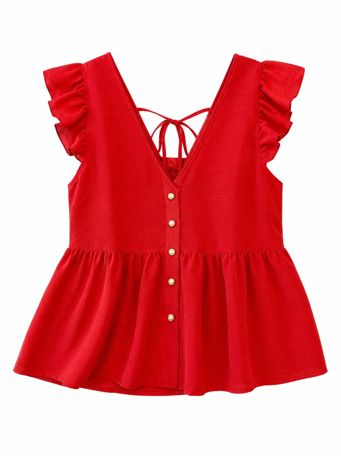 Romantic Red Peplum Top with Ruffle Sleeves & Pearl Buttons