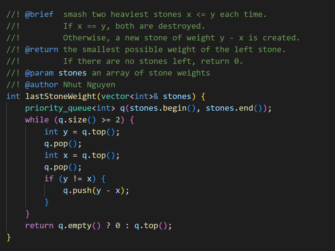 C++ Solution to Coding Challenge 1046. Last Stone Weight | by Nhut ...