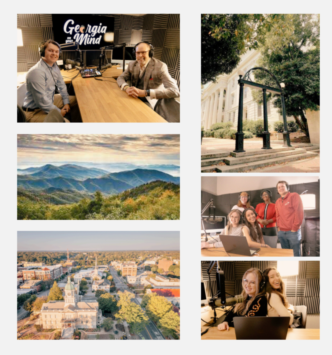Photos of the bts of the podcast, Athens, Nature, and UGA