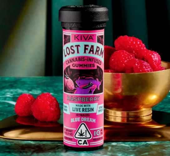 A tube of Kiva Lost Farm gummies in front of a golden bowl of raspberries.
