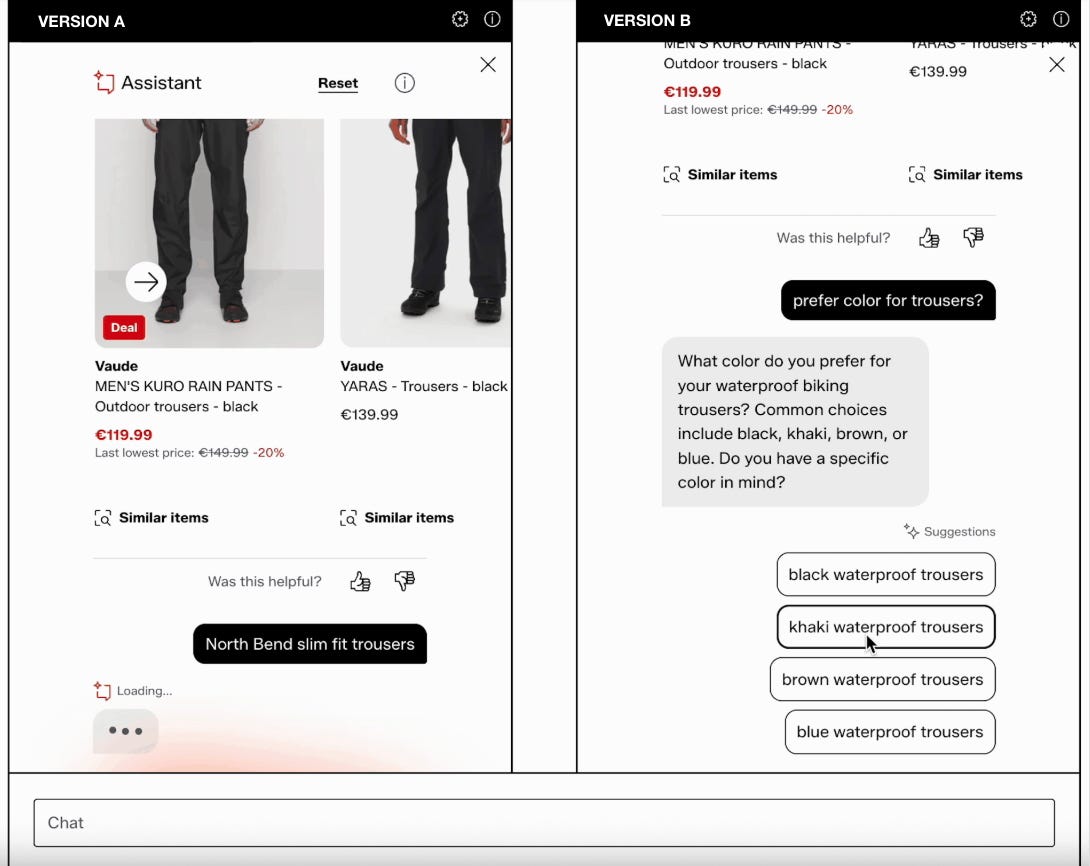 In Zalando Assistant, we’ve created a tooling view for the team that allows us to compare the CX created by different prompt versions, customer data points, AI models and agentic features such as memory.
