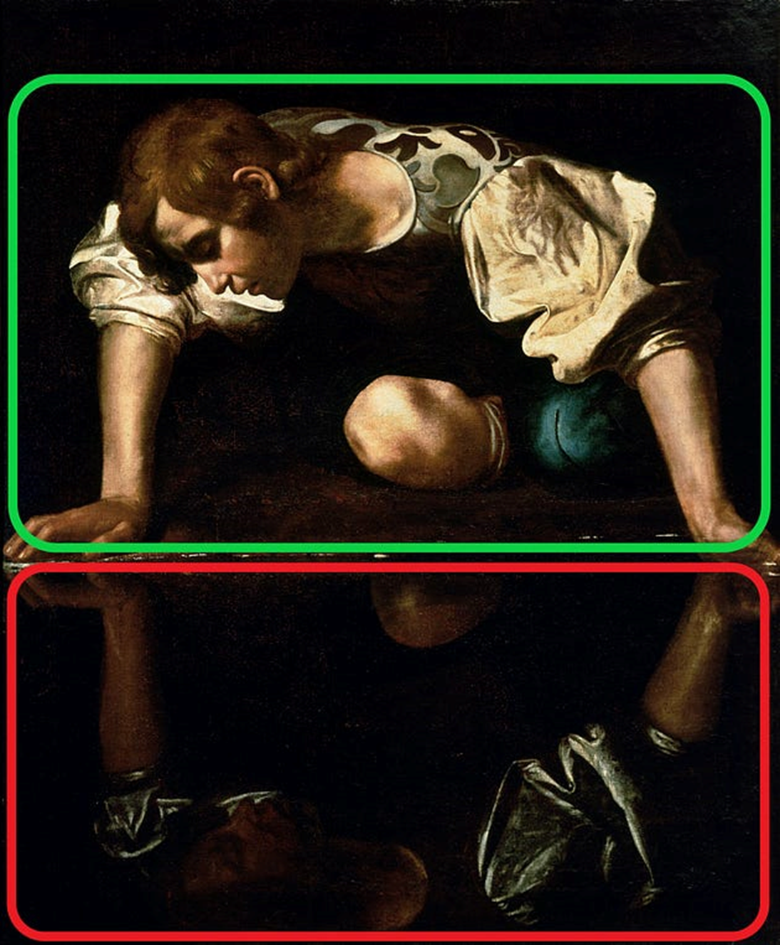 ‘Narcissus’ (c.1599) by CaravaggioYear. Oil on canvas. 110 cm × 92 cm. Galleria Nazionale d’Arte Antica. Image source Wikipedia