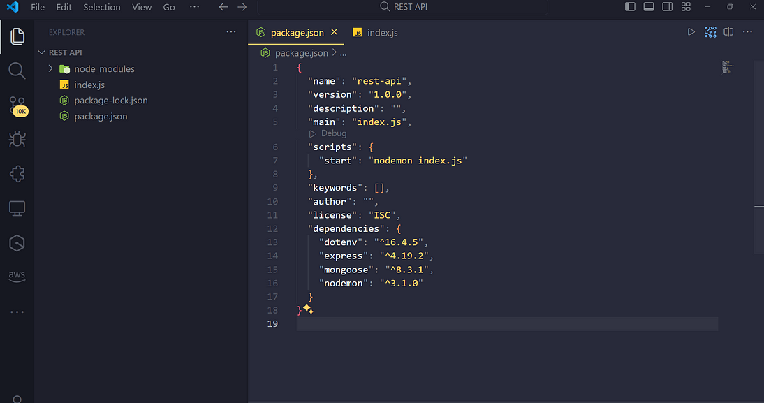 Adding Start command in Scipts section for package.json to run the index.js with nodemon