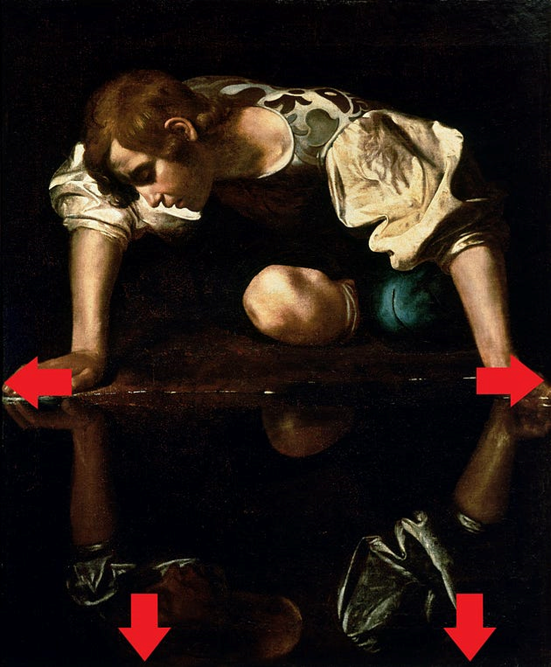 ‘Narcissus’ (c.1599) by CaravaggioYear. Oil on canvas. 110 cm × 92 cm. Galleria Nazionale d’Arte Antica. Image source Wikipedia