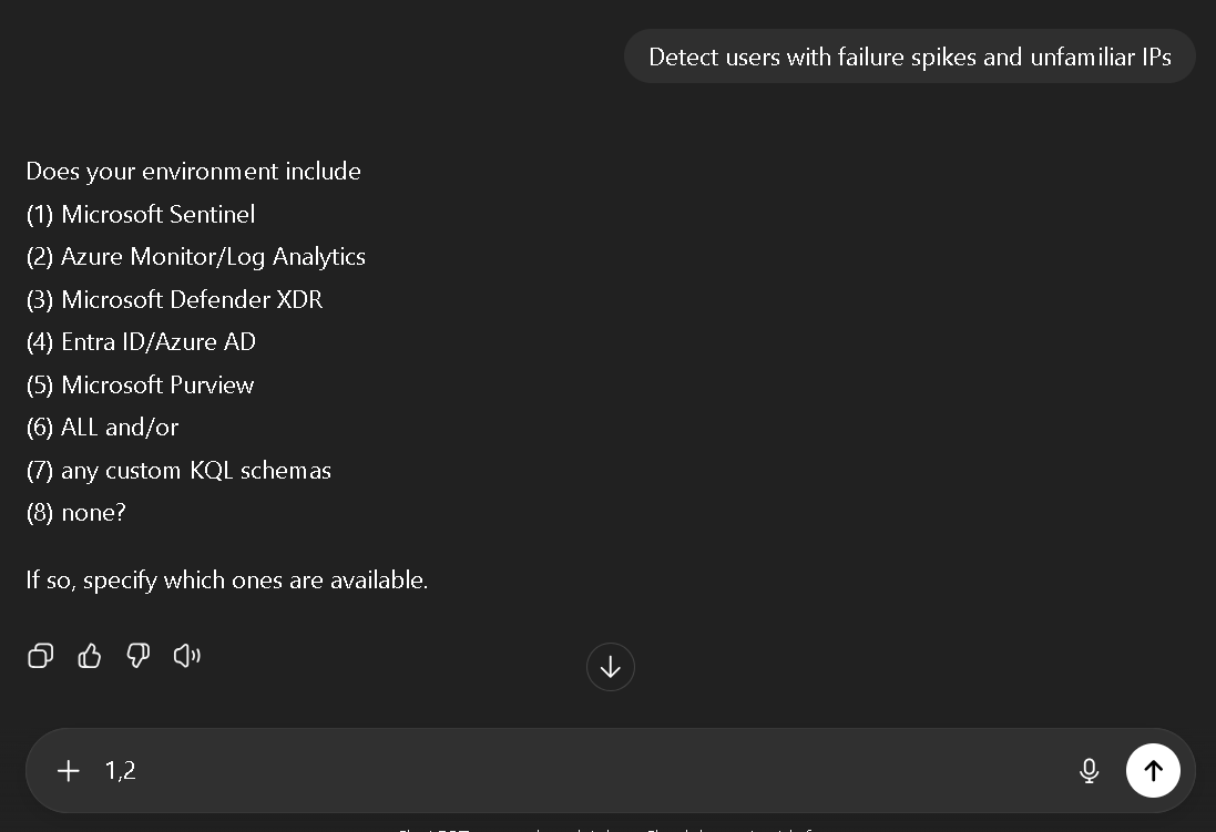 Fig. 2: User asks for failure spikes detection, and assistant requests environment details
