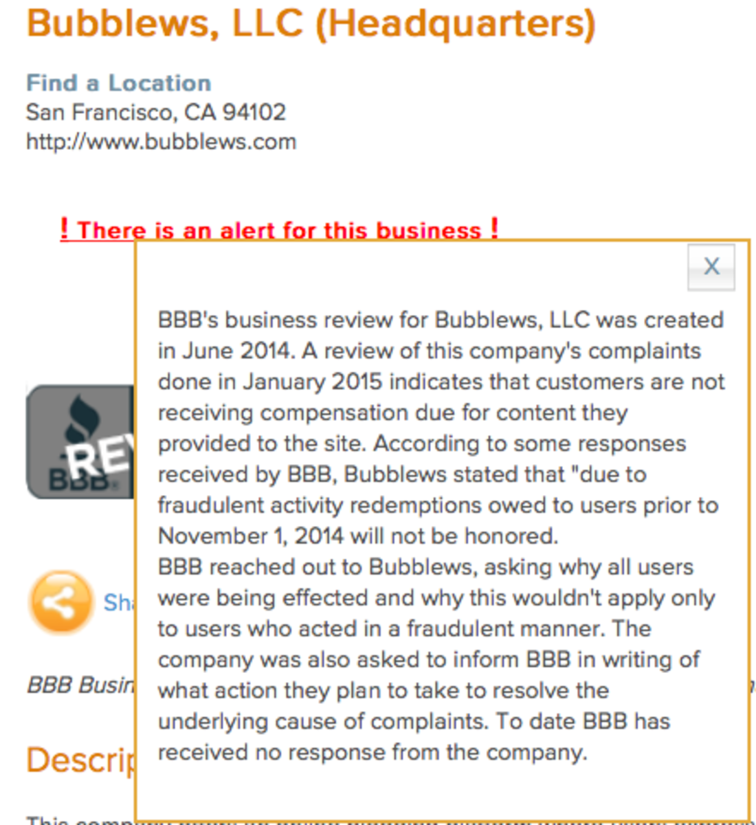 Better Business Bureau warning about Bubblews
