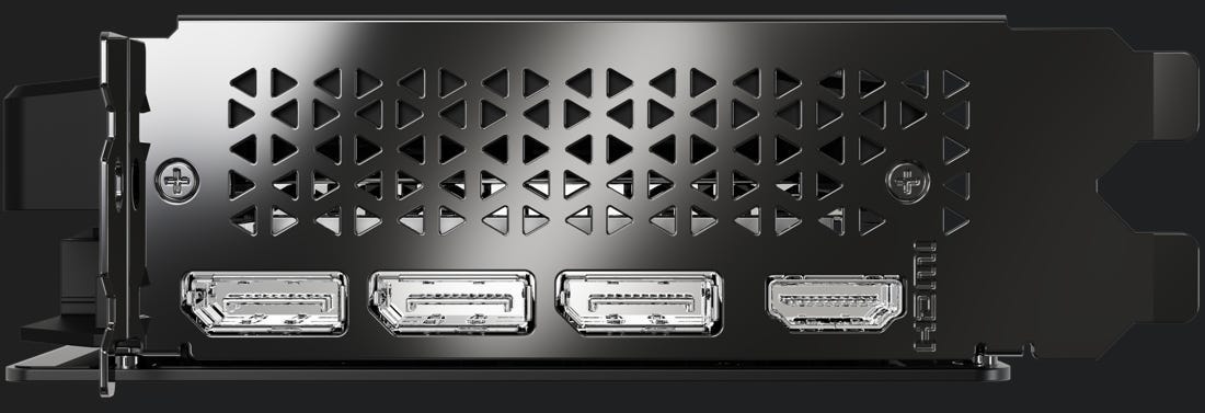 This shows the two-slot design, with three DisplayPorts and a single HDMI port on the right.