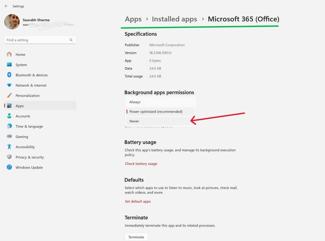 Microsoft made disabling background apps installed from Microsoft Store apps harder.