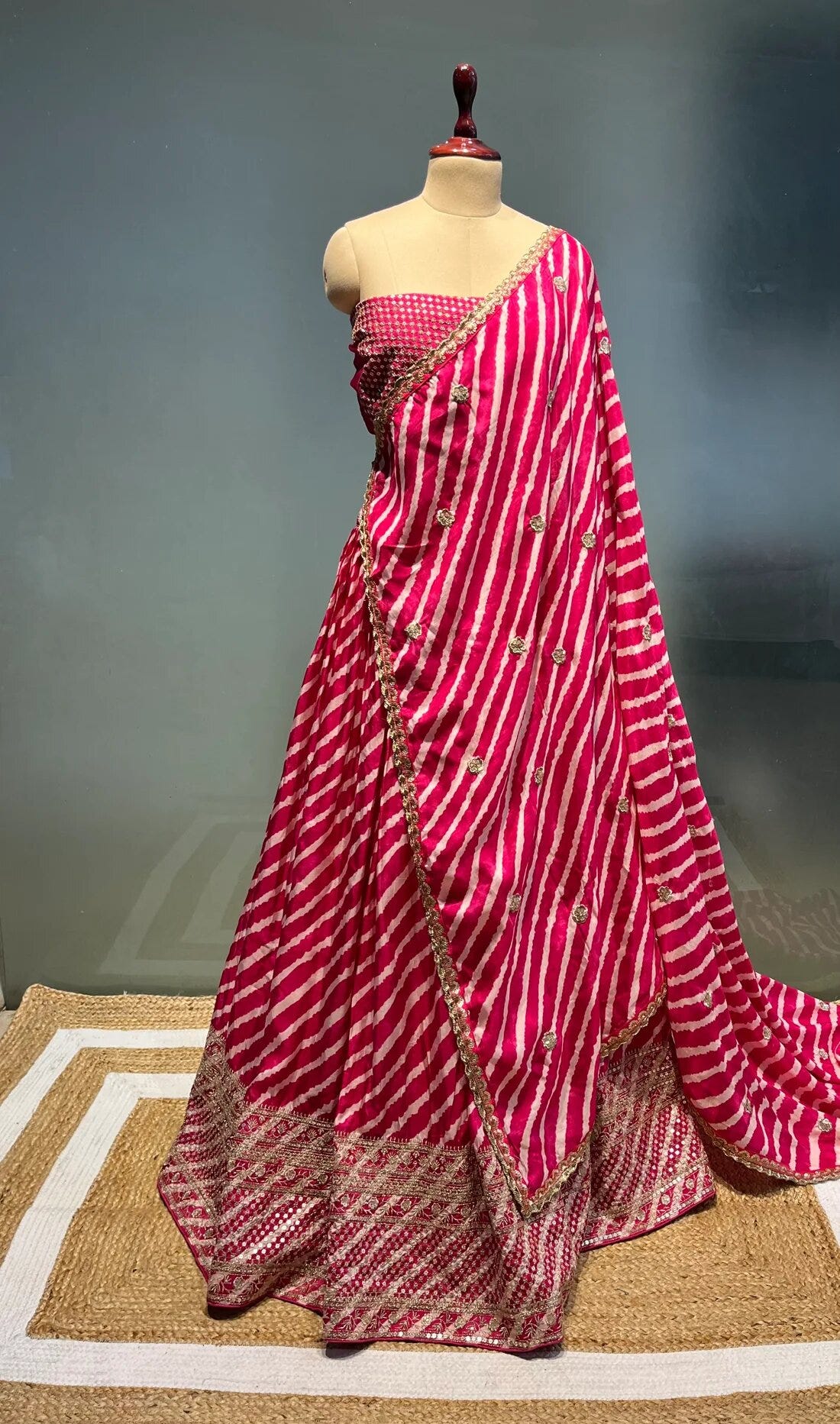 Pink Leheriya Ripple Lehenga (Skirt + Dupatta) (Without Blouse)