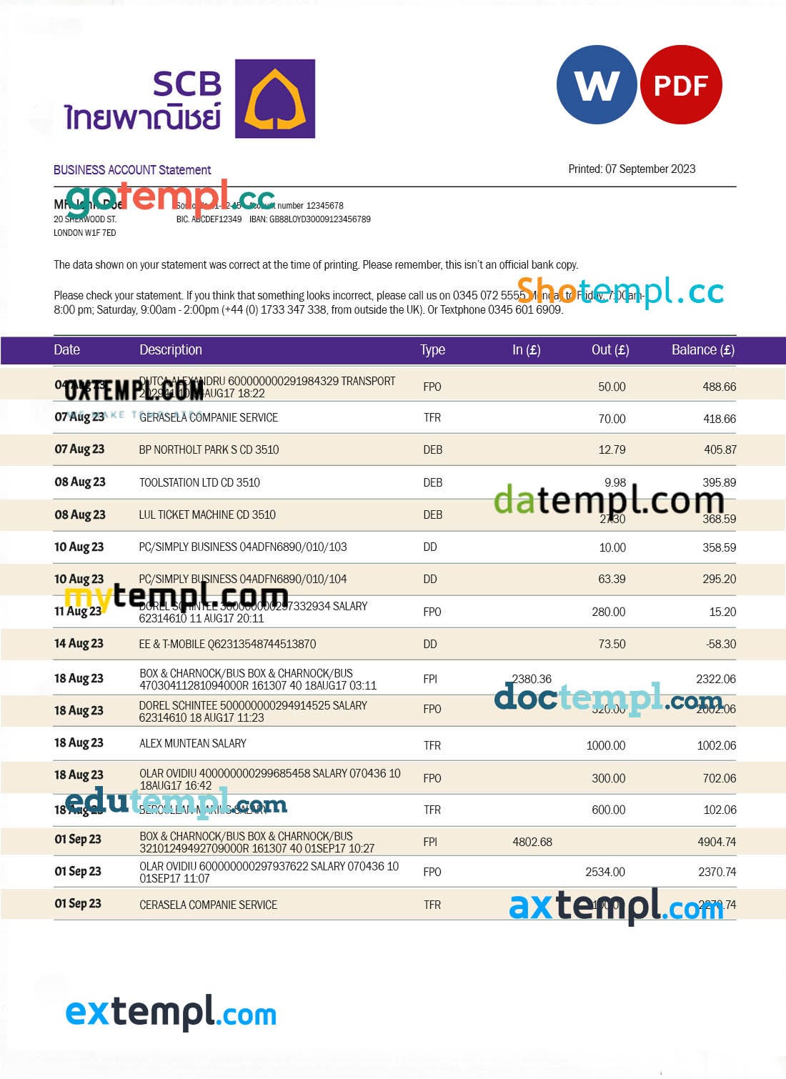 SIAM Commerical Bank enterprise statement Word and PDF template download template