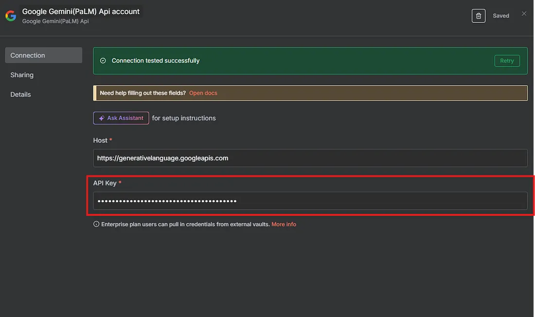 Configuración de credenciales de Google Gemini Chat Model en n8n