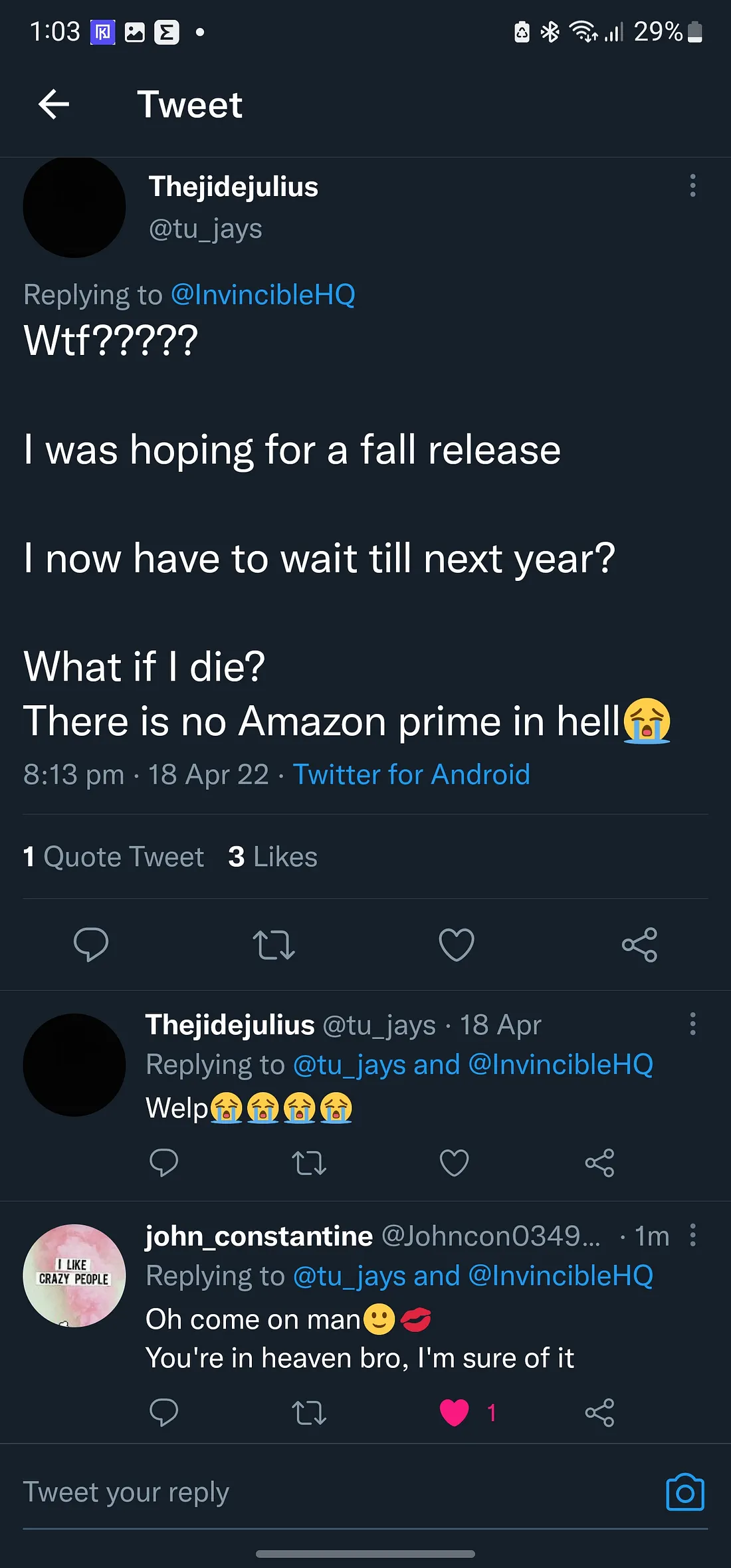Tujays lamenting about Invincible Season 2 release date