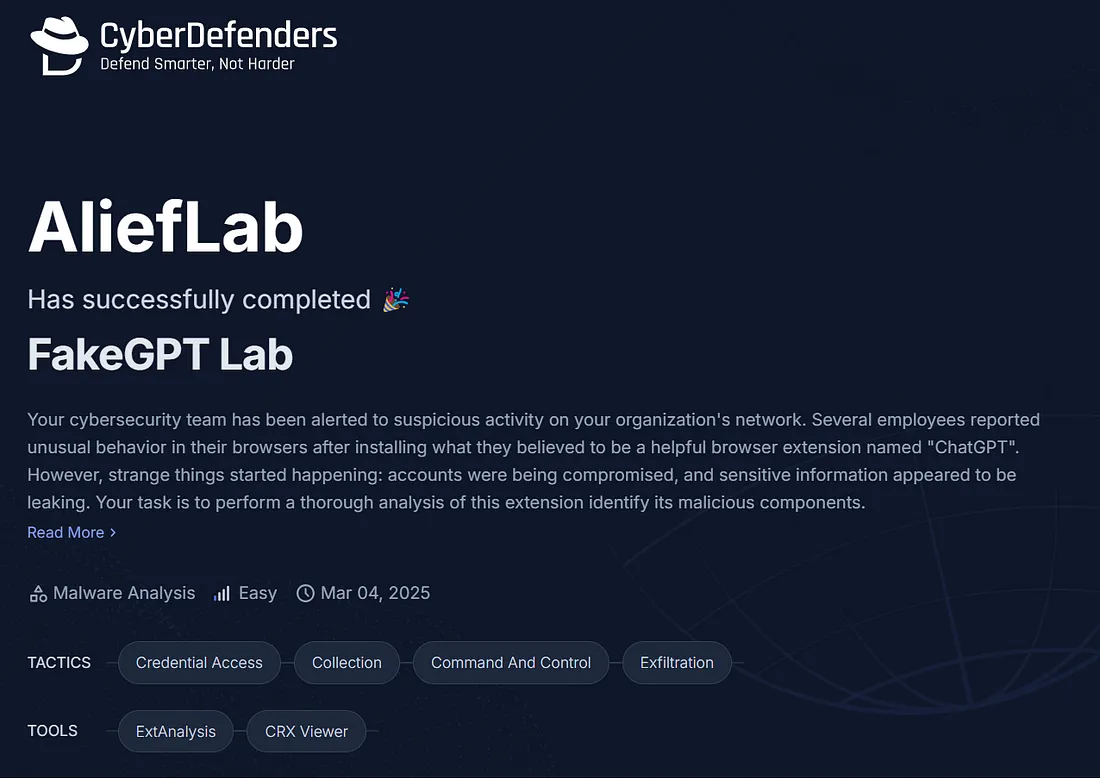 Cyberdefenders FakeGPT Achivement