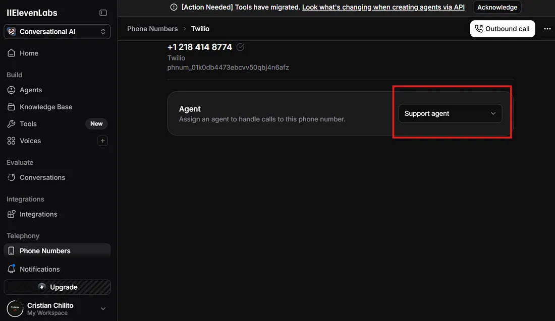 Asignación del agente al número de teléfono en ElevenLabs