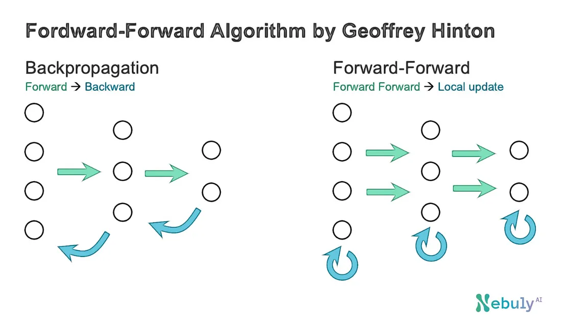 Backpropagation vs. Forward-Forward Algorithm, image by Nebuly