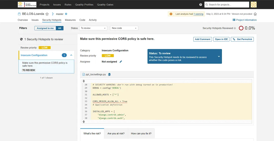 Hasil analisis SonarQube menunjukan security hotspot pada bagian CORS policy