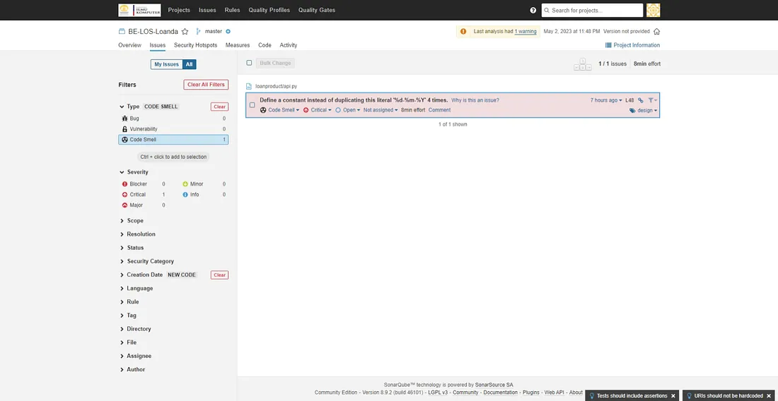 Analisis pada SonarQube menunjukan code smell pada code