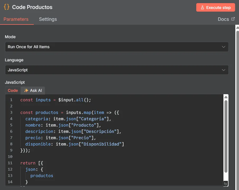 Configuración del nodo Code Productos en n8n