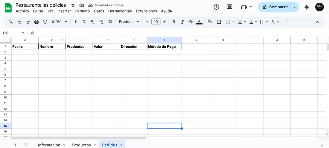 Ejemplo de pestaña Pedidos en Google Sheets
