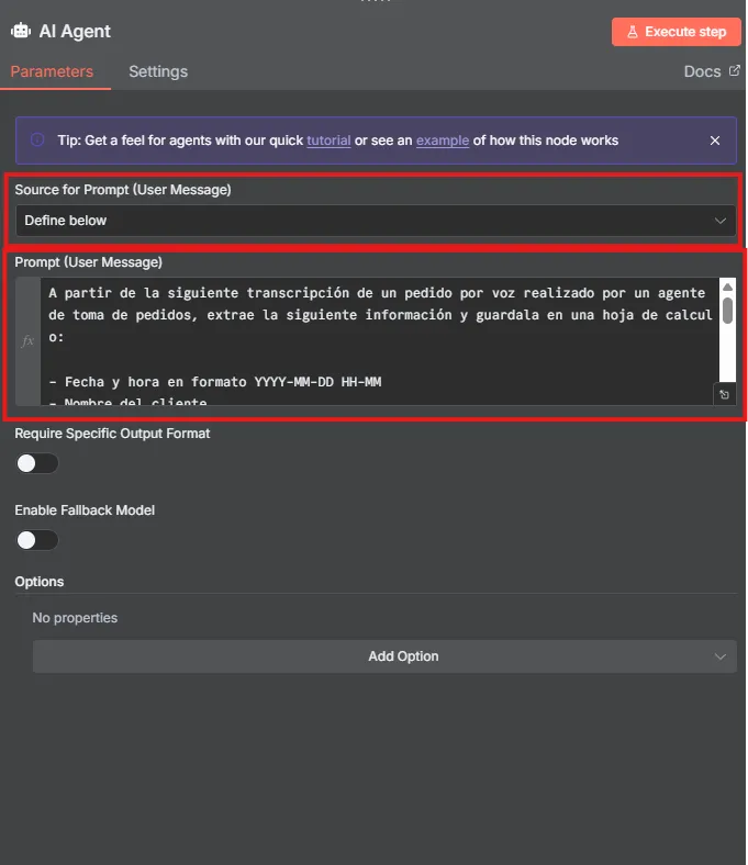 Configuración del nodo AI Agent en n8n