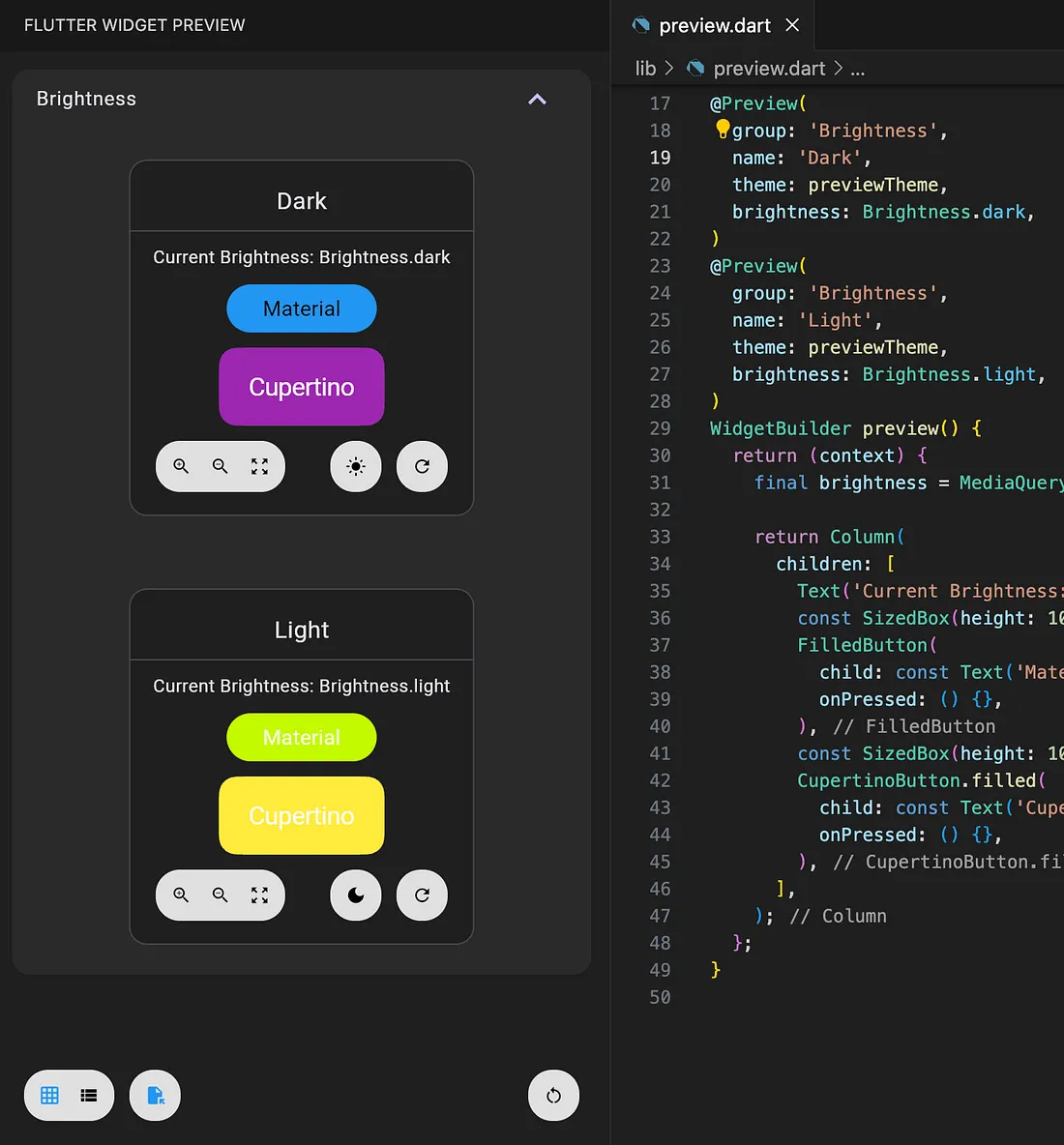 An example of multiple “Brightness” previews in a preview group.