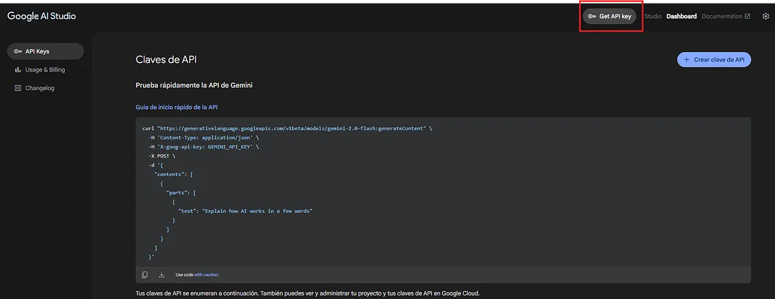 Obtener API Key de Google AI Studio