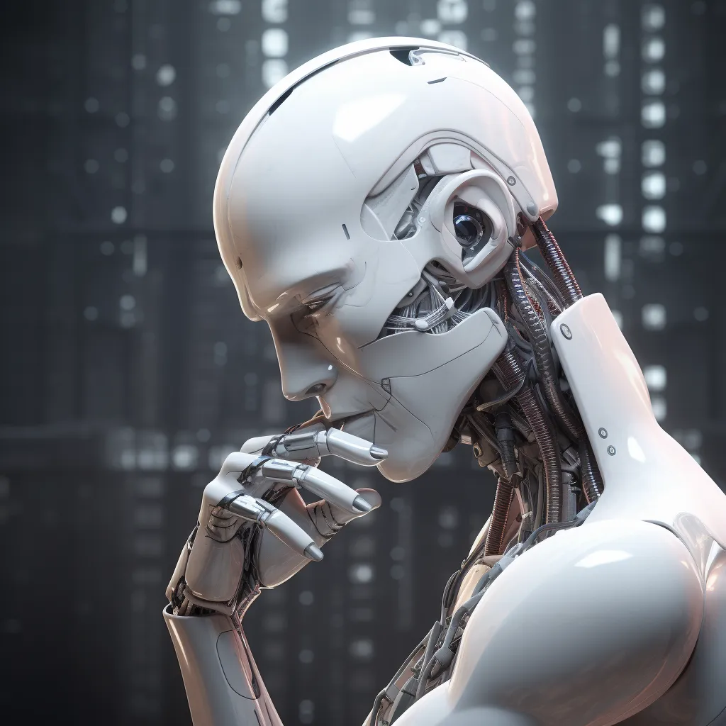 “A humanoid robot thinking,” image by Midjourney