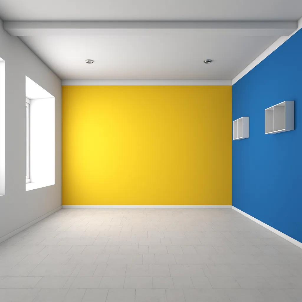 “photo of a room with a white wall, a yellow wall, and a blue wall” by Midjourney