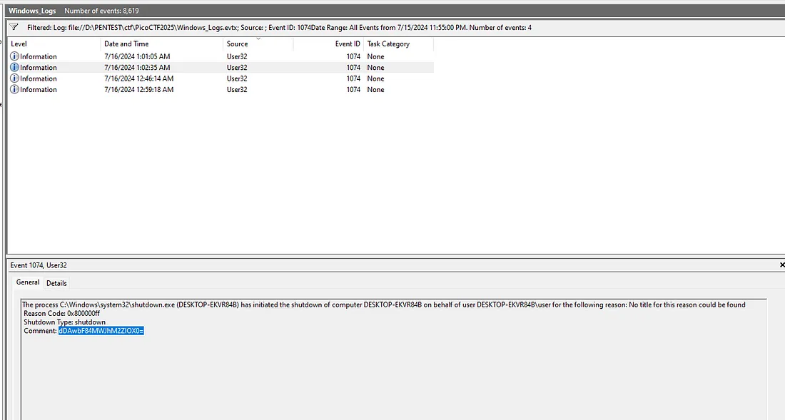 Event Viewer filter shutdown result