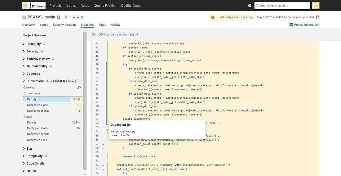 Detail bagian code yang mengandung duplicated code