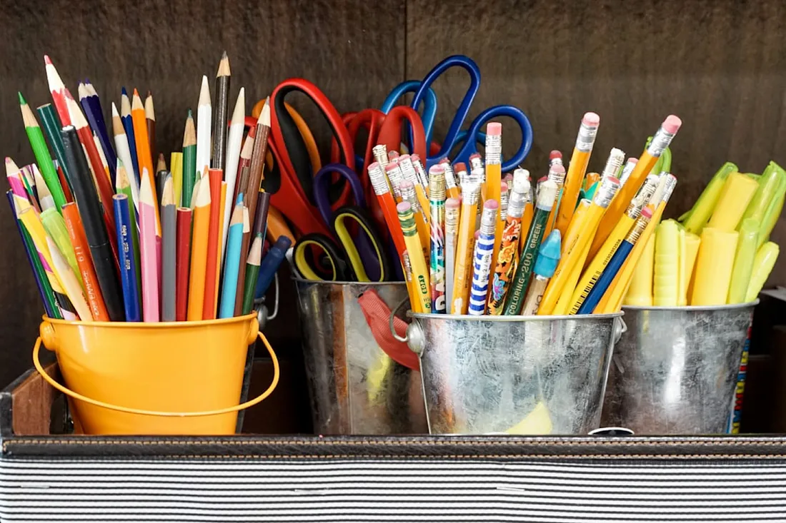 School supplies in tins