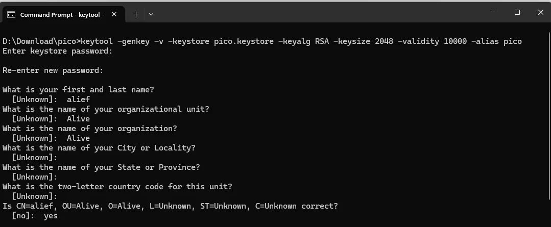 cmd keytool generate keystore