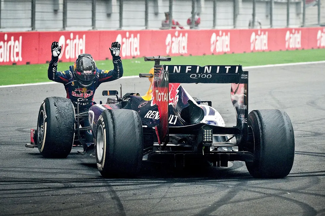 Sebastian Vettel celebrating at India 2013